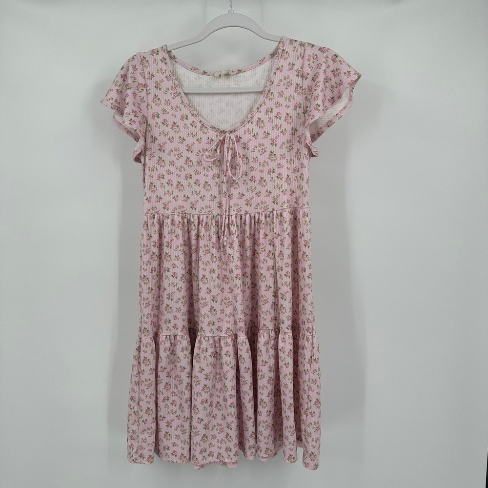Womens Pink Floral Coquette Mini Dress Size M Shabby Chic Romantic Tiered Girly